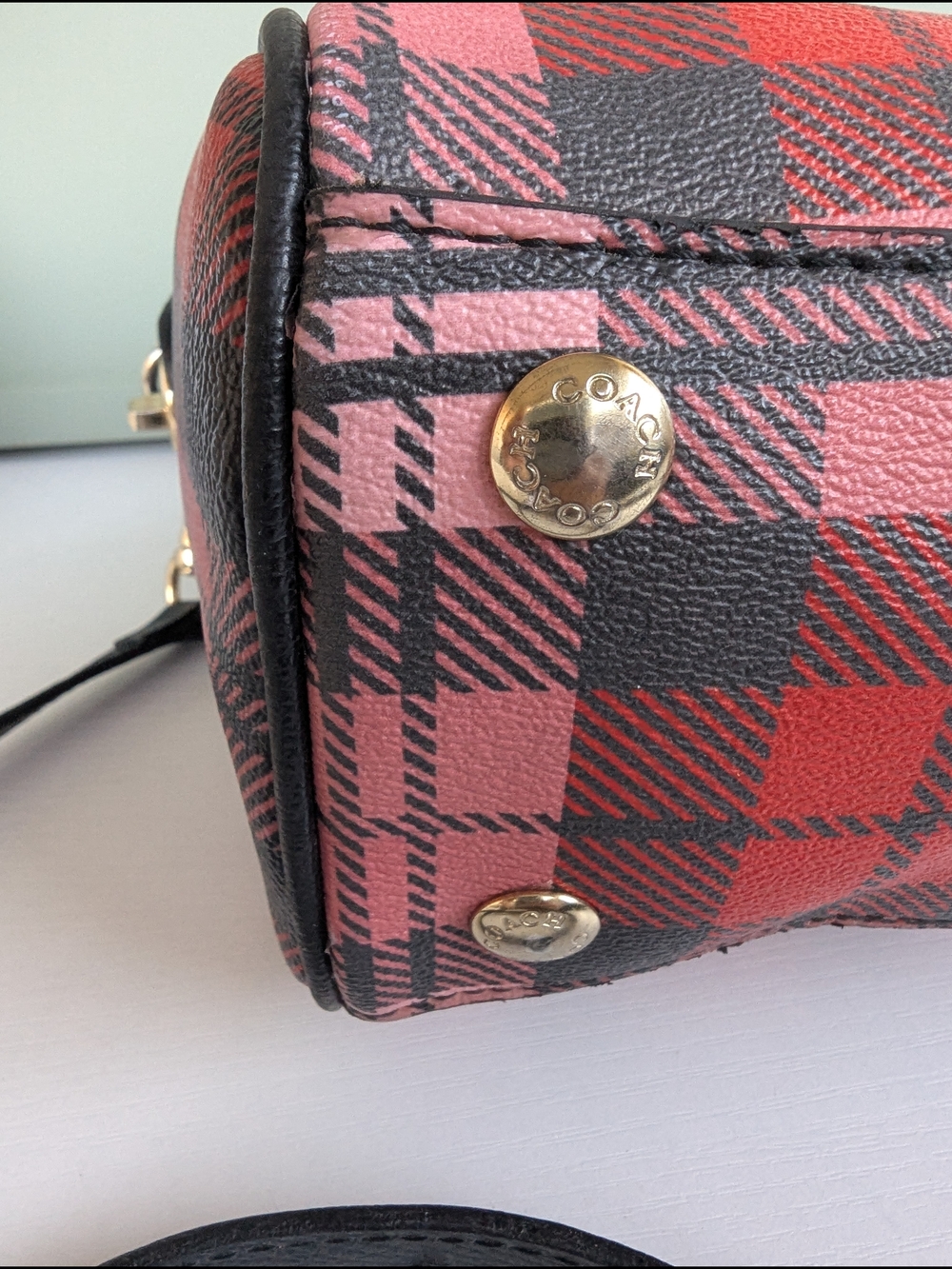 Coach Mini Bennett Satchel featuring a red, pink, andblack Riley Plaid print - Picture 8 of 13